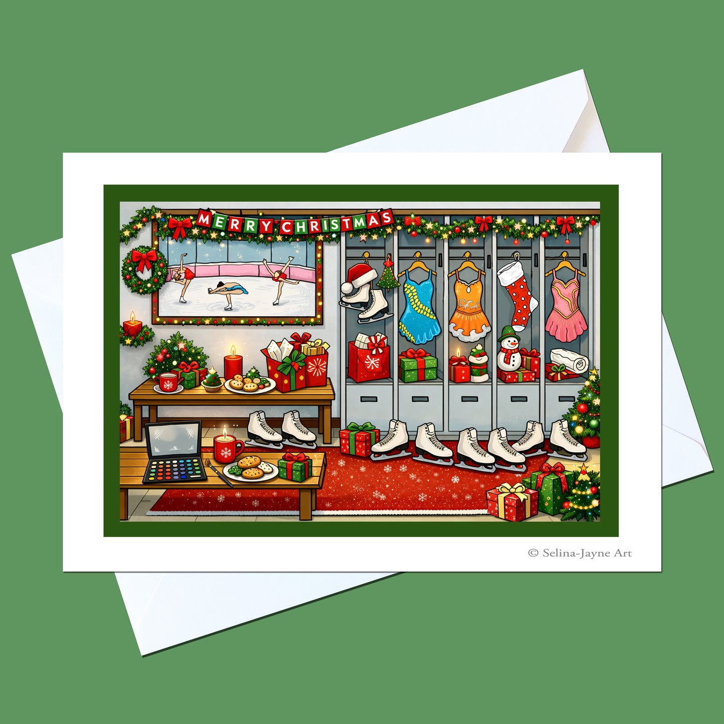 A square art print or greeting card featuring a festive Christmas locker room scene with ice skates, holiday decorations, and gift boxes, shown with white envelopes on a solid green background. The artist's name, 'Selina Jayne Art', is printed in the bottom right corner.