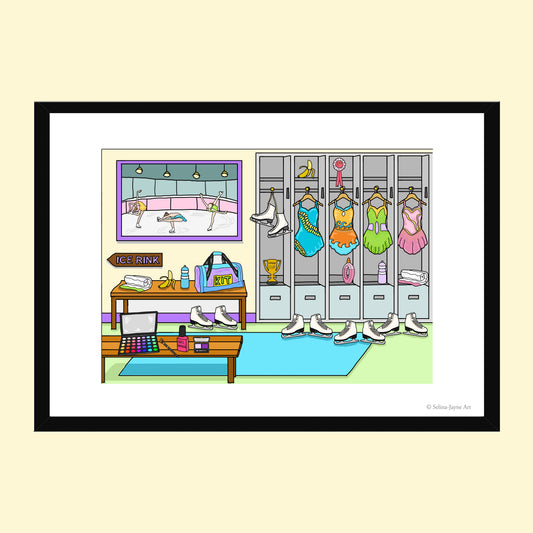 A framed cartoon art print depicting an ice rink locker room scene with skates, costumes, and an ice rink window, shown against a pale yellow background.