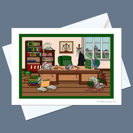 A square art print or card featuring a cartoon illustration of a cluttered lawyer's office, shown with white envelopes on a slate blue background. The print has a white border and a green inner frame, with the text '© Selina Jayne Art' in the bottom right corner.