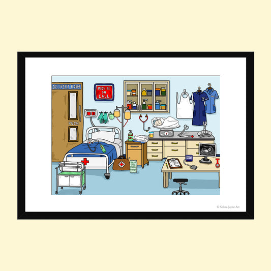 A framed medical-themed art print showing a stylized hospital room with a bed, examination table, stethoscope, medicine cabinet, and medical staff, presented on a light cream background.