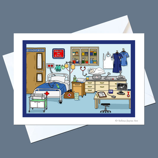 A greeting card featuring a colorful cartoon illustration of a hospital room, shown with a white envelope on a slate blue-gray background. The card has a white border and a dark blue frame around the illustration.