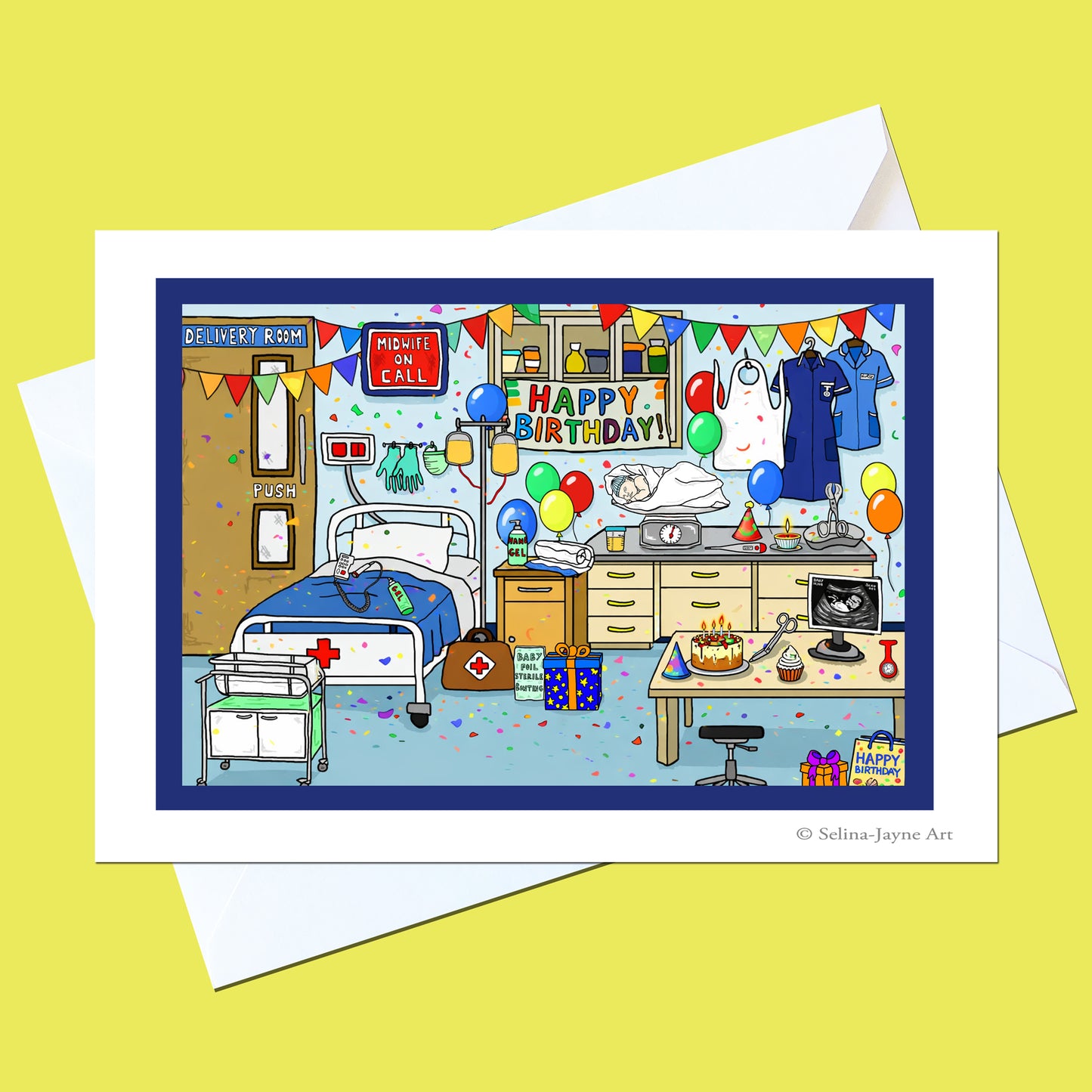 A greeting card featuring a colorful cartoon illustration of a hospital room with balloons, a birthday banner reading 'Happy Birthday!', medical equipment, and a bedside monitor. The card is shown with a white envelope on a solid pale yellow background.