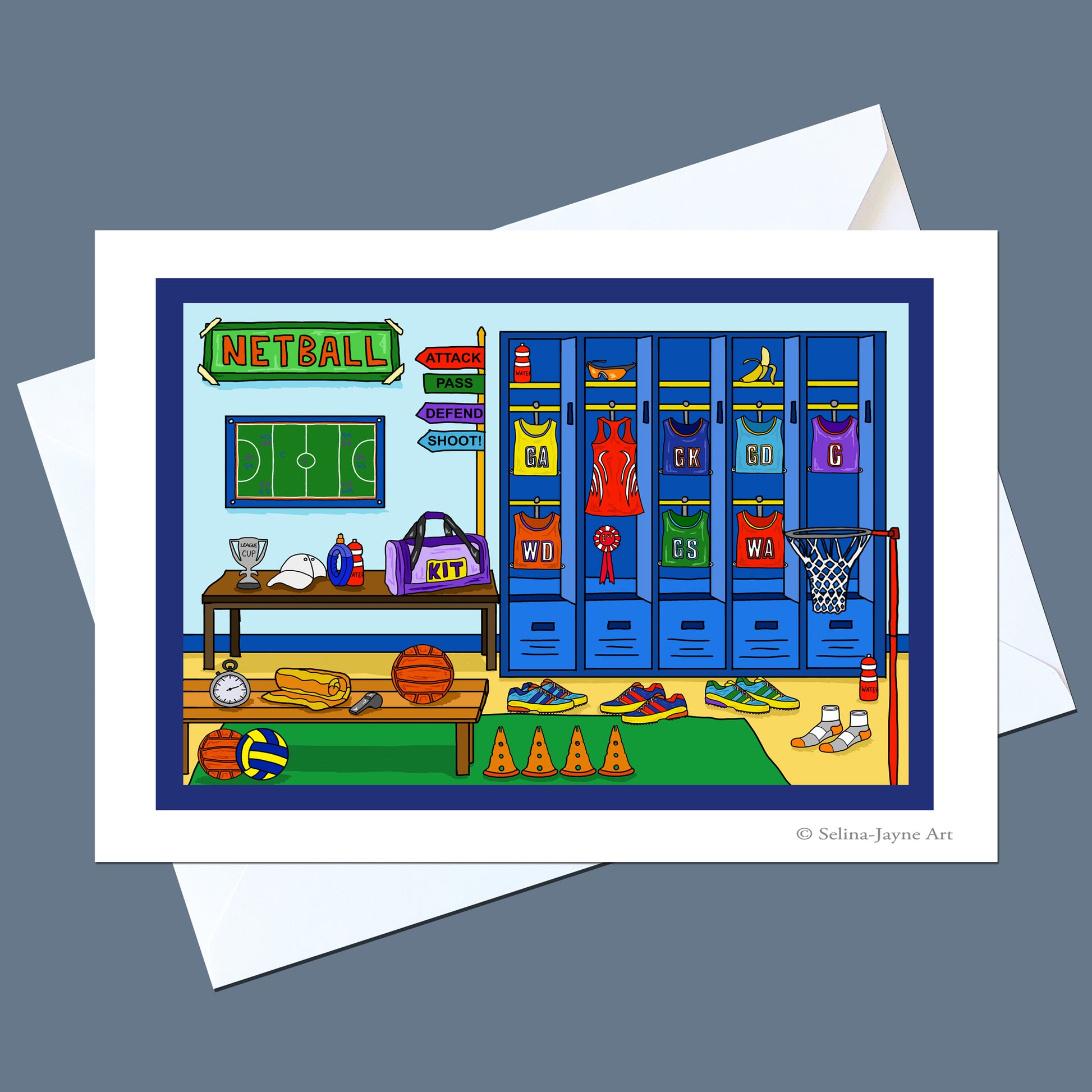 A square art print or card featuring a colorful illustrated netball room with lockers, jerseys, a basketball, shoes, and sports items, shown on top of white envelopes against a gray background.