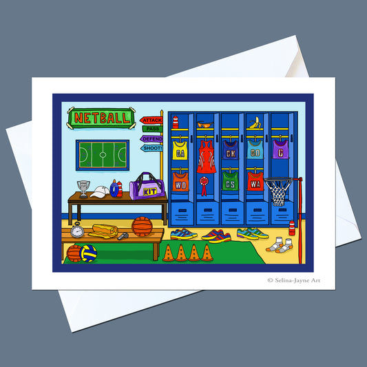 A square art print or card featuring a colorful illustrated netball room with lockers, jerseys, a basketball, shoes, and sports items, shown on top of white envelopes against a gray background.