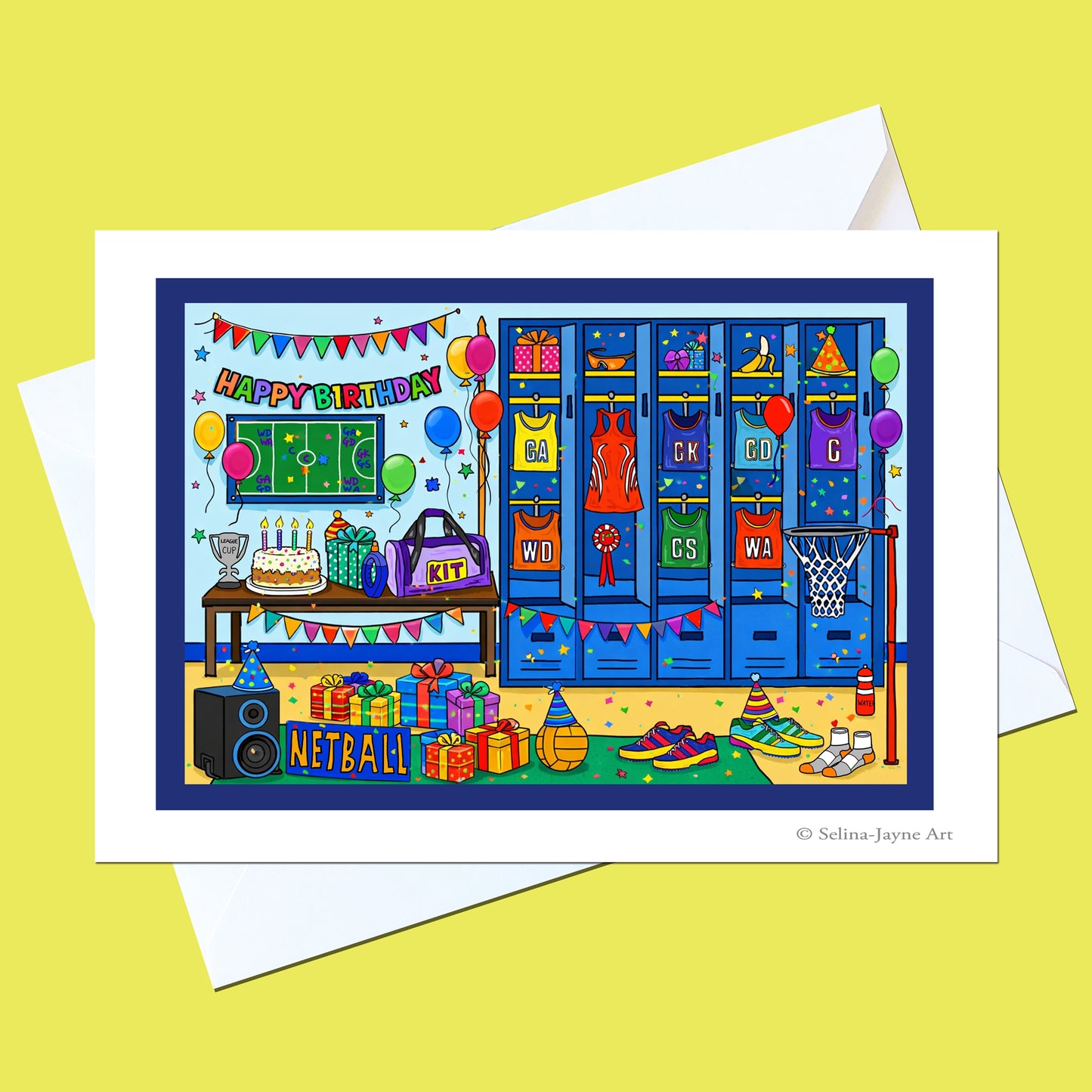 A square greeting card with a white border and white envelope, featuring a colorful cartoon illustration of a sports room with lockers, basketball hoop, gifts, and a birthday banner. The card is photographed on a pale yellow background.