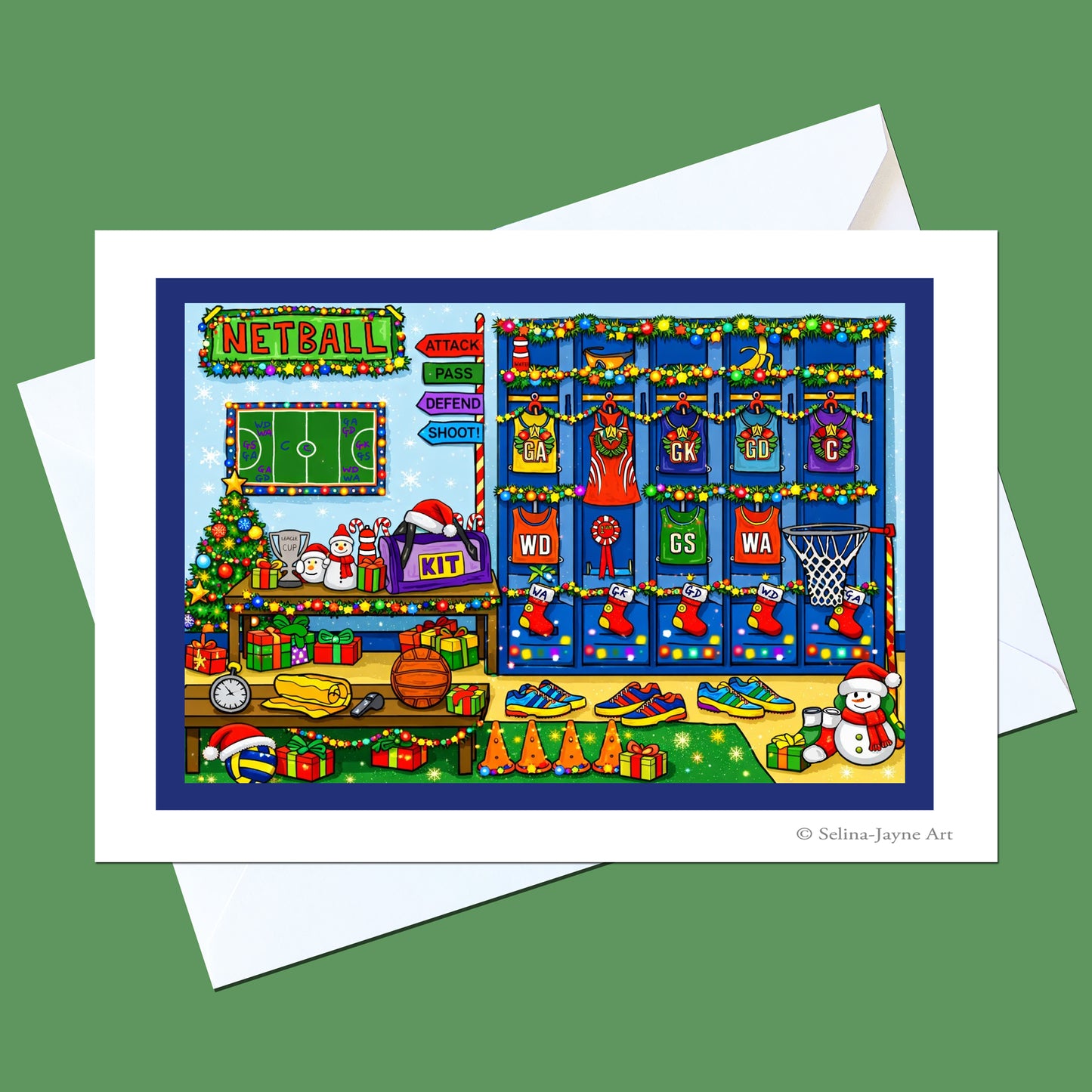 A colorful Christmas-themed greeting card featuring a festive sports room scene with jerseys, stockings, a Christmas tree, and gifts, shown with white envelopes on a solid green background.