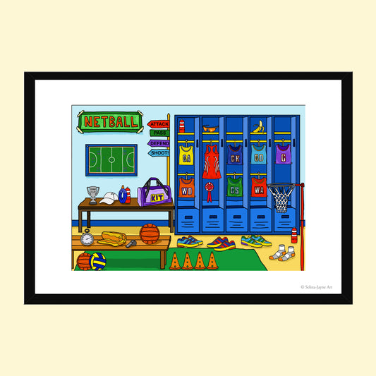 A framed cartoon illustration of a netball locker room, featuring blue lockers with colorful jerseys, a basketball hoop, a bench with sports equipment, and directional signs, shown against a pale yellow background.