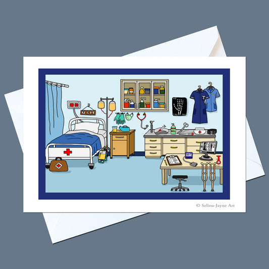 A greeting card featuring a cartoon illustration of a hospital room, shown with white envelopes on a slate blue background. The card has a white border and a dark blue inner frame around the illustration.