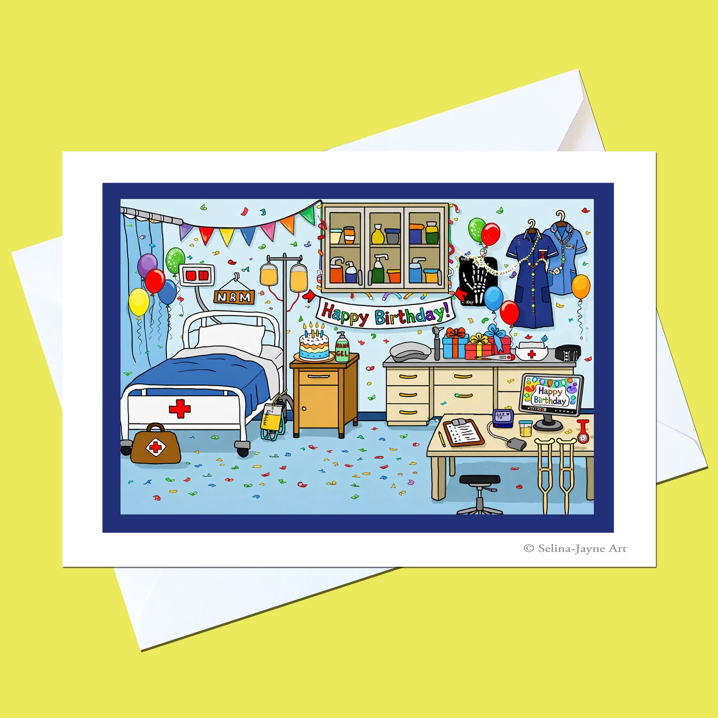 A square art print or greeting card shown with white envelopes on a pale yellow background. The card features a detailed cartoon illustration of a hospital room with medical supplies, a bed, charts, and a birthday banner reading 'Happy Birthday!'.