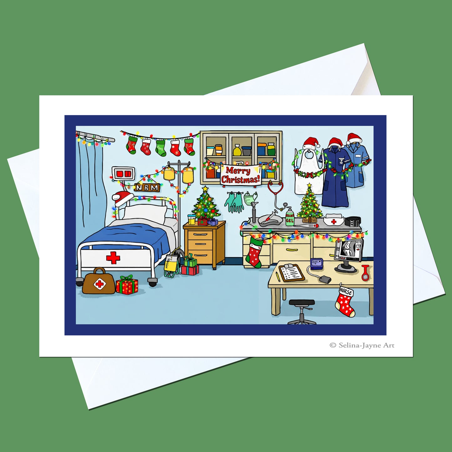 A holiday-themed illustrated greeting card shown with white envelopes on a solid green background. The card features a cartoon hospital room decorated for Christmas, with a bed, desk, stockings, Santa figures, and a 'Merry Christmas!' sign.