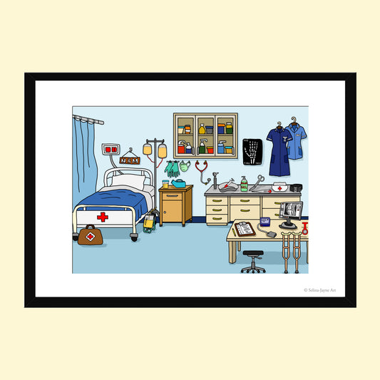 A framed medical room illustration print featuring a hospital bed, examination table, medical equipment, and uniforms, shown with a black frame and white mat on a pale yellow background.