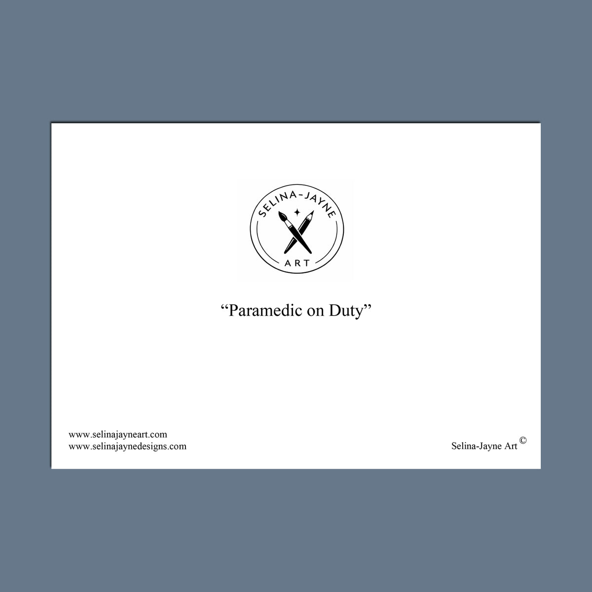 A square art print or card centered on a muted blue-gray background. The print itself is white with black text and a circular logo reading 'Selina Jayne Art' with crossed tools inside, plus the phrase 'The Netball Court Crew!' and small website text along the bottom.