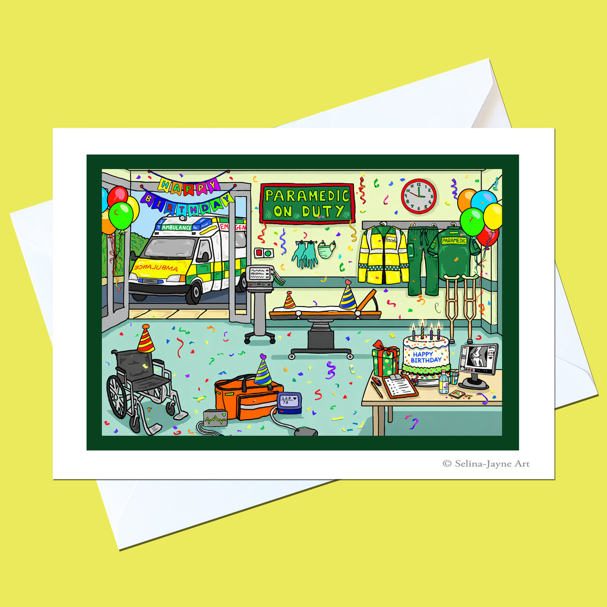 A greeting card featuring a colorful cartoon illustration of a paramedic's station, shown with a white envelope on a solid yellow background. The card has a white border and a dark green frame around the illustration.
