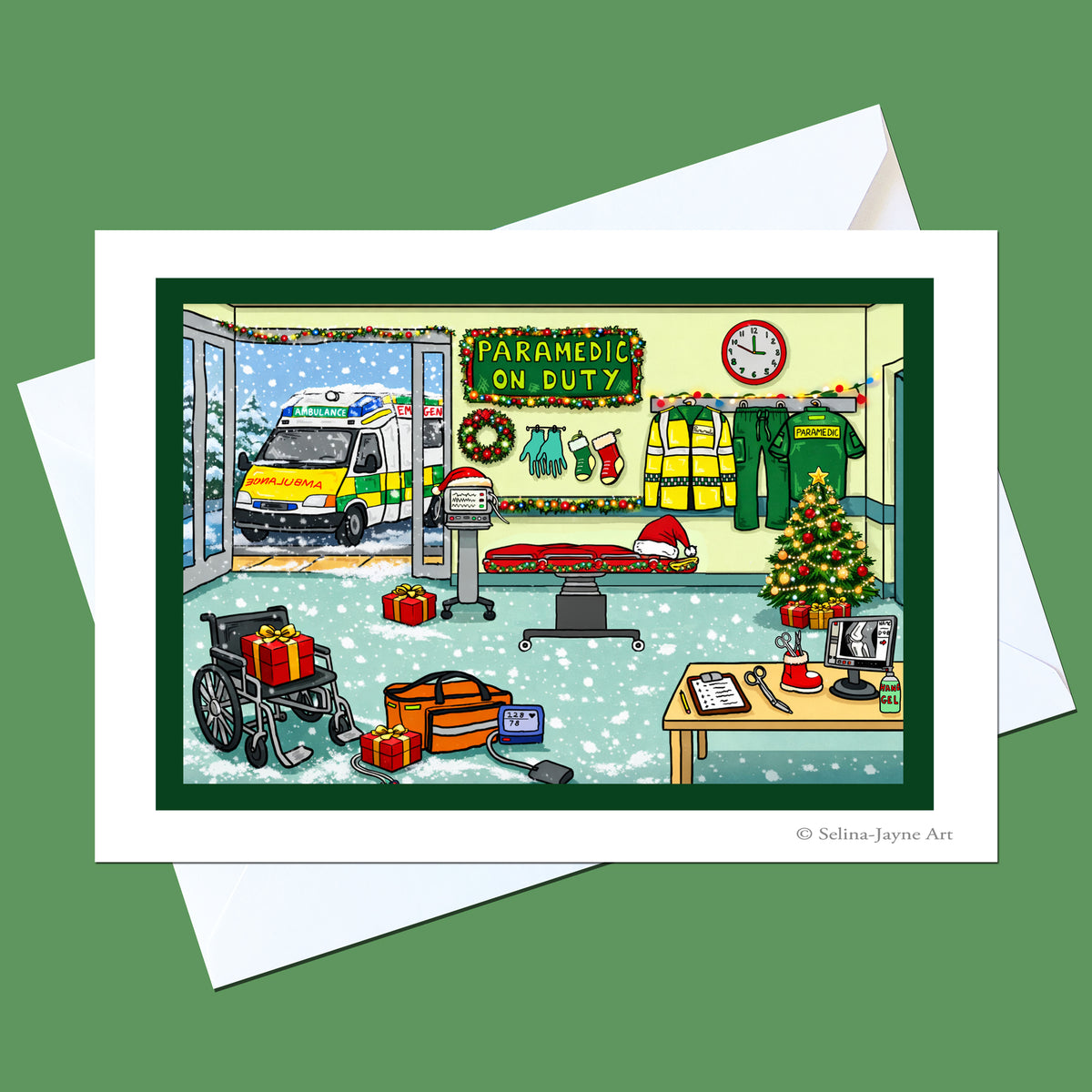 A square art print or greeting card featuring a colorful illustrated scene of a paramedic station during Christmas, with an ambulance outside, holiday decorations, and medical gear. The print is shown with white envelopes on a solid green background.