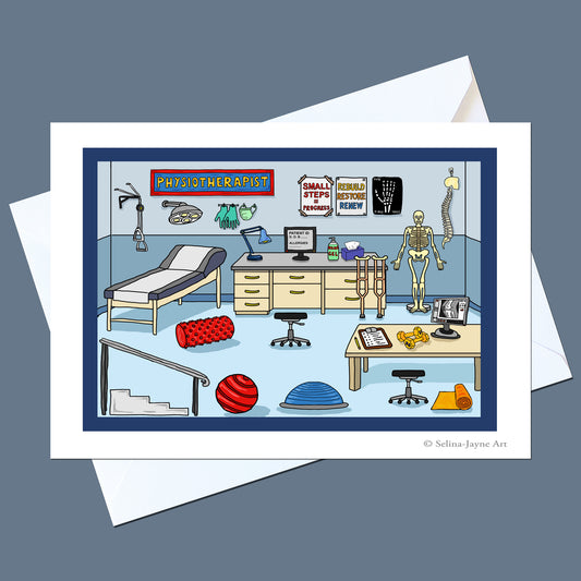 A square art print showing a cartoon-style physiotherapy room with exercise equipment, a computer, a skeleton, and signs, displayed on top of white envelopes against a slate blue background.