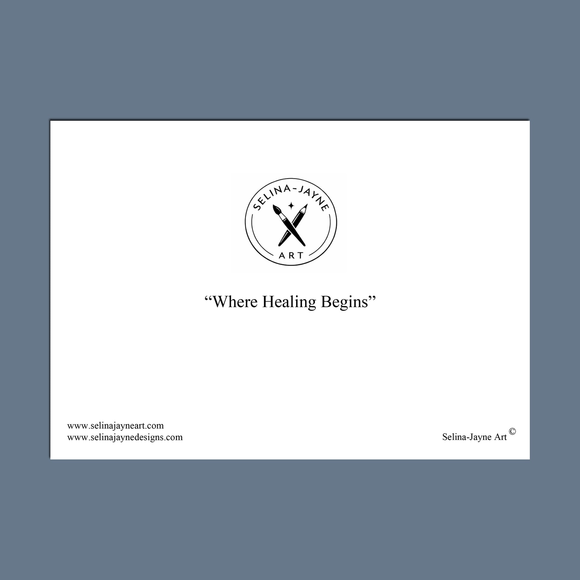 A minimalist art print featuring a black circular logo for 'Selina Jayne Art' with crossed tools, the text 'Tinsel, Tax, and Tidings!' in quotes, and website text on a white rectangular card centered on a solid green background.