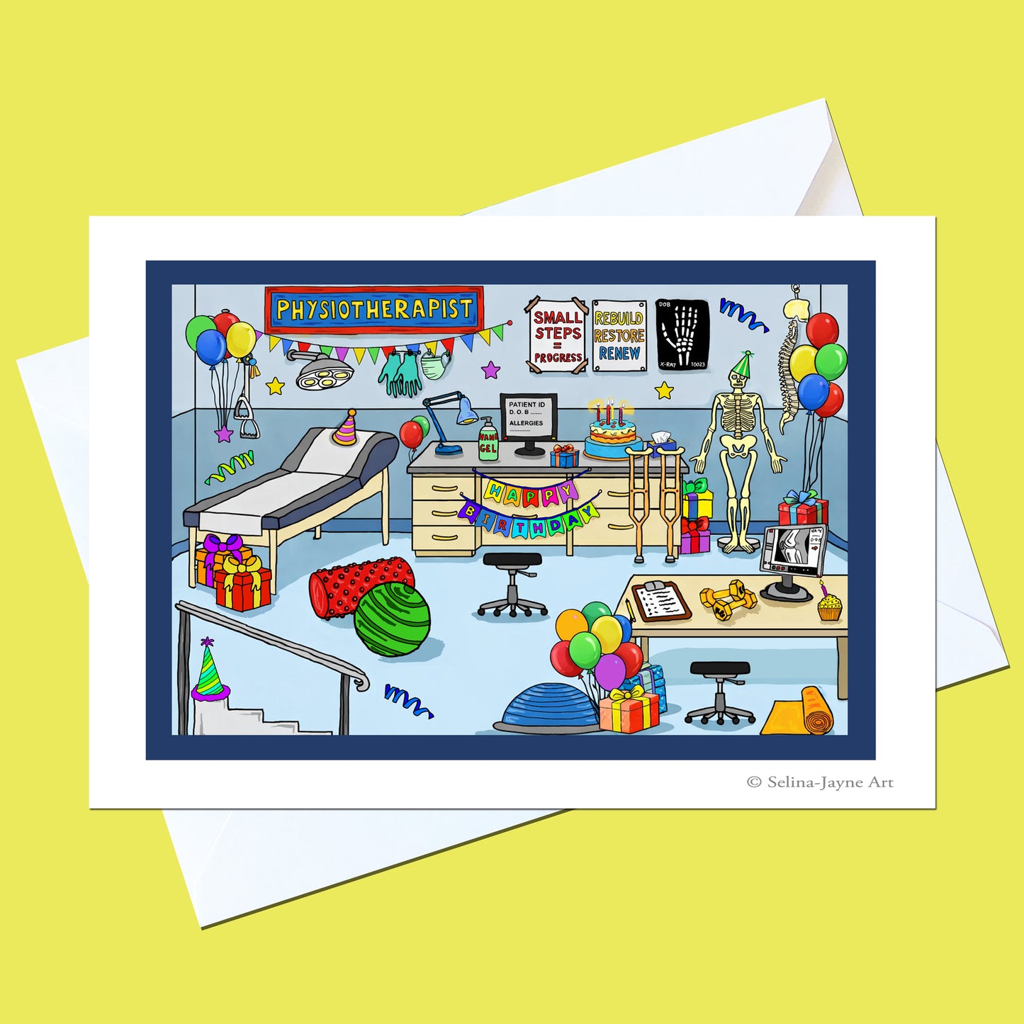 A white art print card featuring a colorful cartoon illustration of a physiotherapy office, displayed on top of a white envelope against a solid yellow background.
