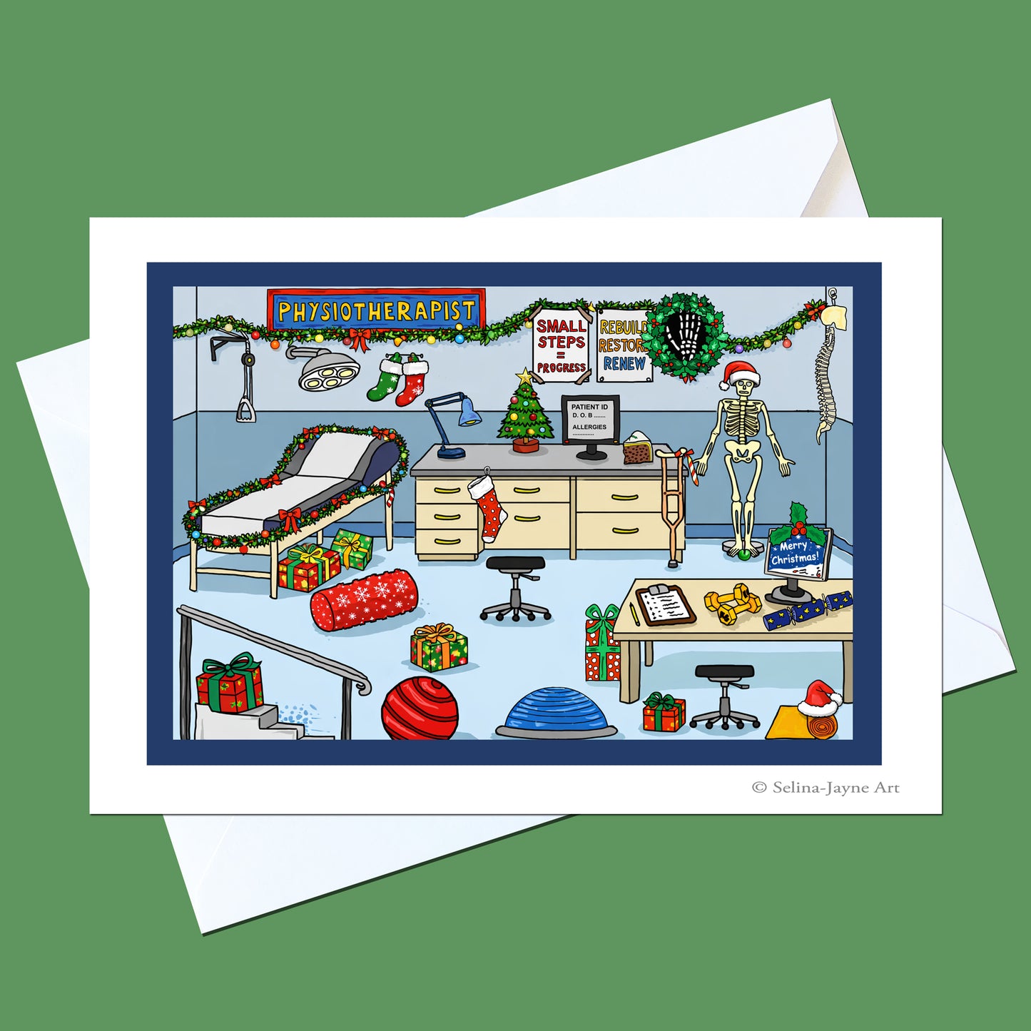 A square art print or greeting card featuring a whimsical medical office Christmas illustration, shown with white envelopes on a solid green background. The illustration contains holiday decorations, a skeleton, a bed, and Christmas gifts in a detailed, colorful style.