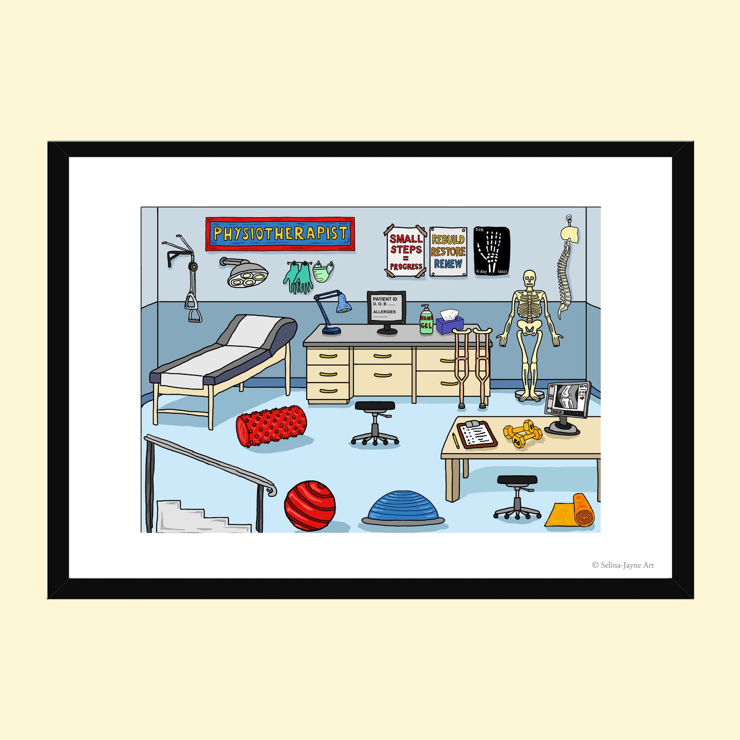 A framed cartoon illustration of a physiotherapy office with exercise equipment, a treatment table, a computer, a skeleton model, and colorful therapy balls, shown on a pale yellow background.