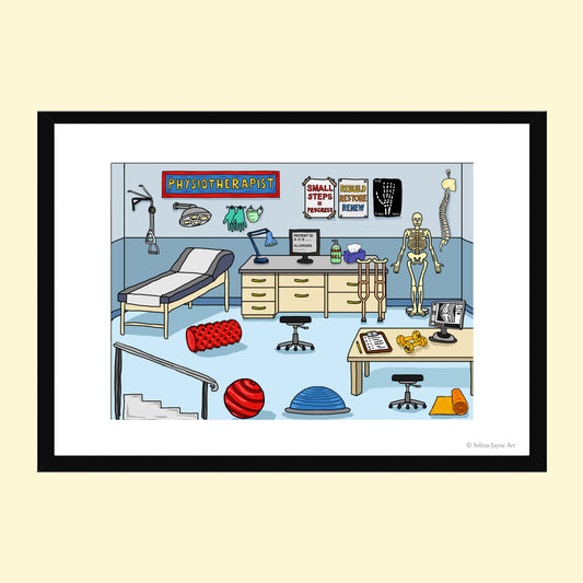 A framed cartoon illustration of a physiotherapy office with exercise equipment, a treatment table, a computer, a skeleton model, and colorful therapy balls, shown on a pale yellow background.