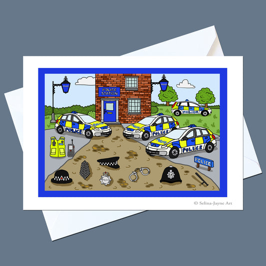 A square art print or card featuring a cartoon police station scene with several police cars, hats, handcuffs, and other police-themed items, shown with white envelopes on a gray background.