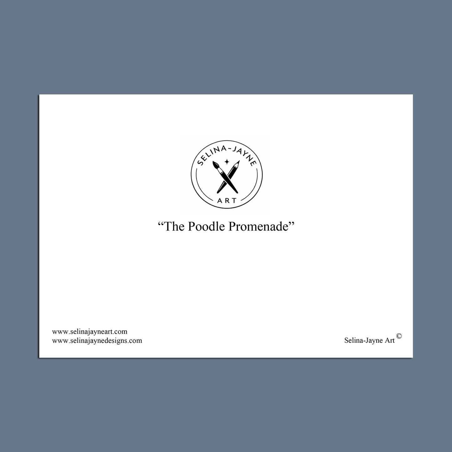 A white rectangular print or card centered on a muted blue-gray background, featuring the circular Selina Jayne Art logo and the title "The Puddle Promenade" in black text.