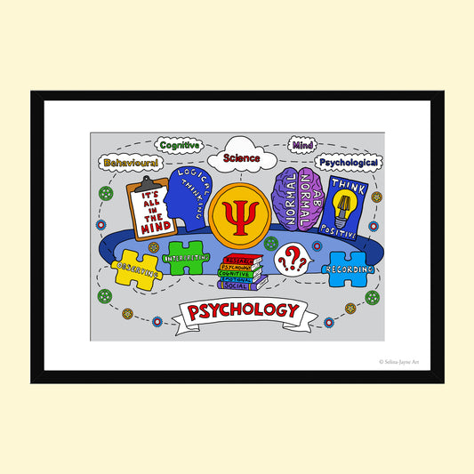 A framed cartoon poster titled 'PSYCHOLOGY' on a light beige background. The artwork shows colorful illustrated objects and words related to psychology, including a clipboard, books, a lightbulb, and puzzle pieces, arranged on a gray background inside a white mat and black frame.
