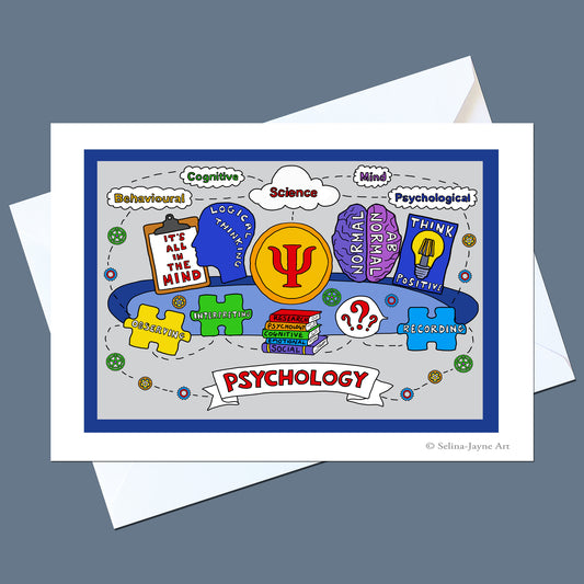 A square greeting card with a white border and an illustrated psychology-themed design, shown with white envelopes on a slate blue background. The card features colorful doodles, words like Behavioural, Cognitive, and Psychological, a yellow Psi symbol, and a banner reading PSYCHOLOGY.