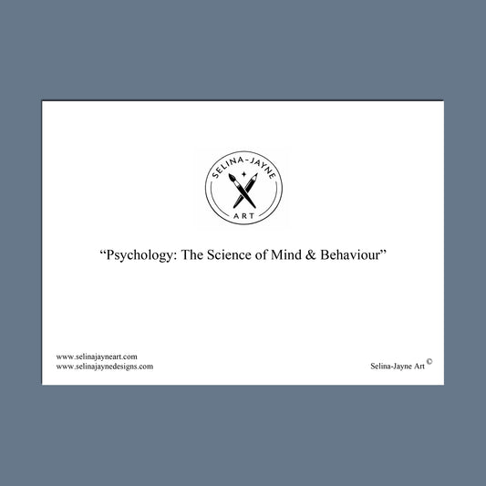 A minimalist art print featuring the title 'Psychology: The Science of Mind & Behaviour' in black serif text on a white rectangular card, centered against a muted slate blue background. The circular 'Selina Jayne Art' logo is positioned above the title.