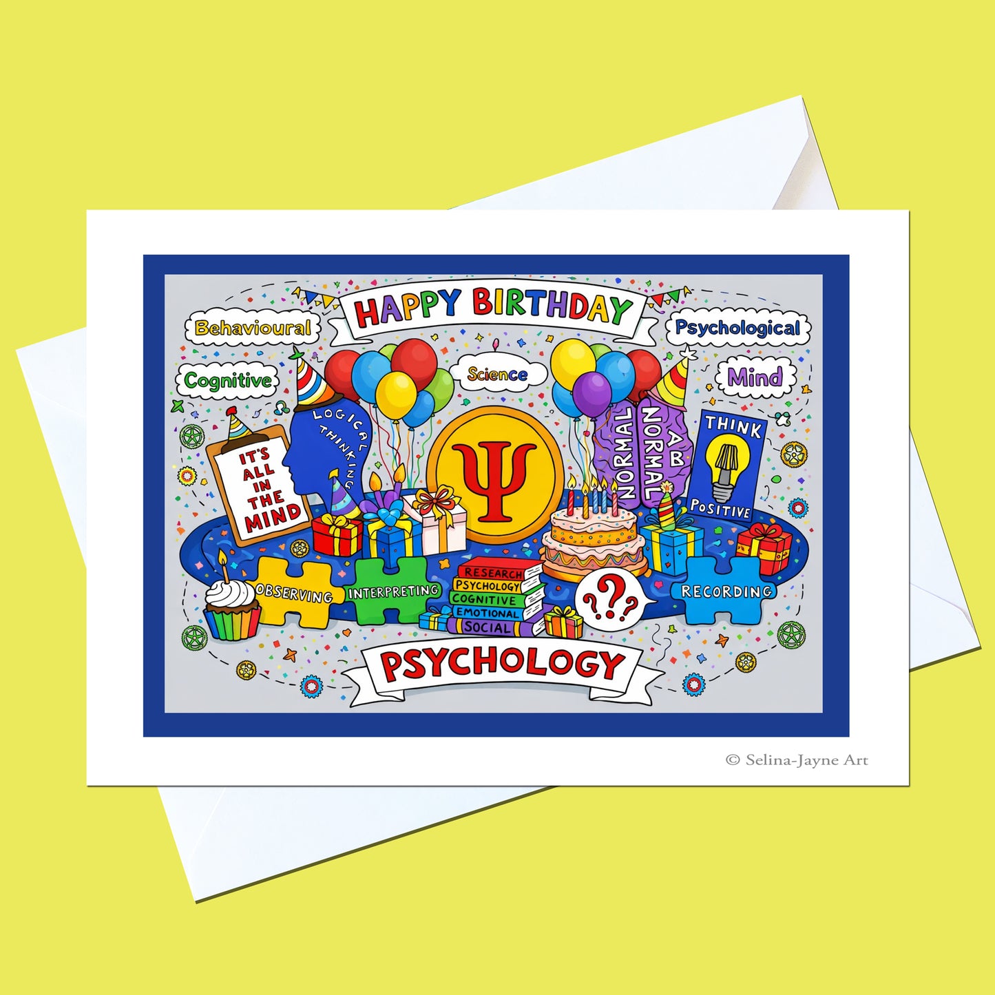 A colorful illustrated birthday card with a white envelope, shown on a pale yellow background. The card features a blue border and a whimsical cartoon scene with balloons, presents, books, and the word 'PSYCHOLOGY' on a banner.