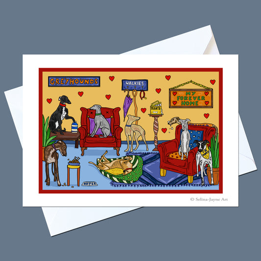 A greeting card featuring a colorful cartoon illustration of various greyhound dogs in a living room, displayed on top of white envelopes against a slate blue background.