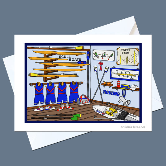 A rectangular art print or card featuring a cartoon-style rowing scene with boats, uniforms, oars, and signage, displayed against a white envelope on a muted blue-gray background.