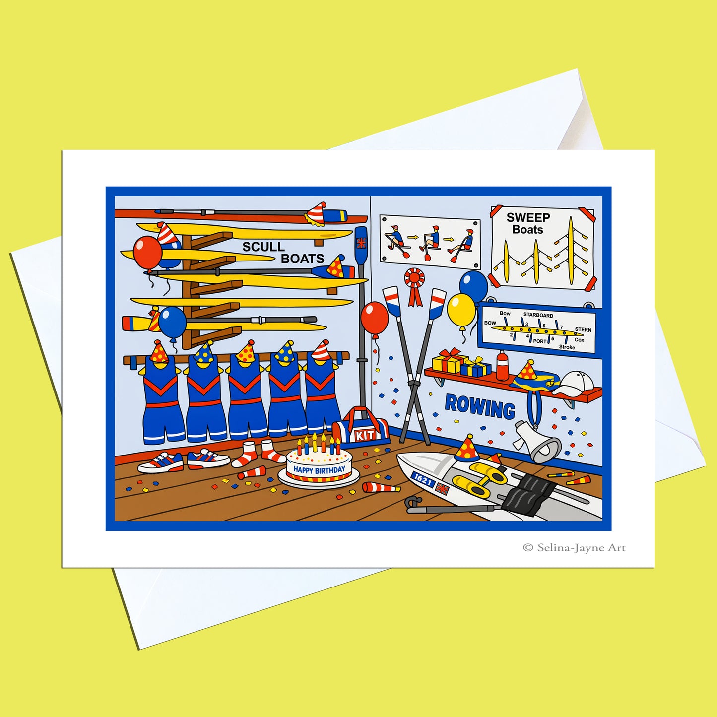 A greeting card featuring a colorful cartoon illustration of a rowing team's practice room, shown with a white envelope on a solid yellow background.