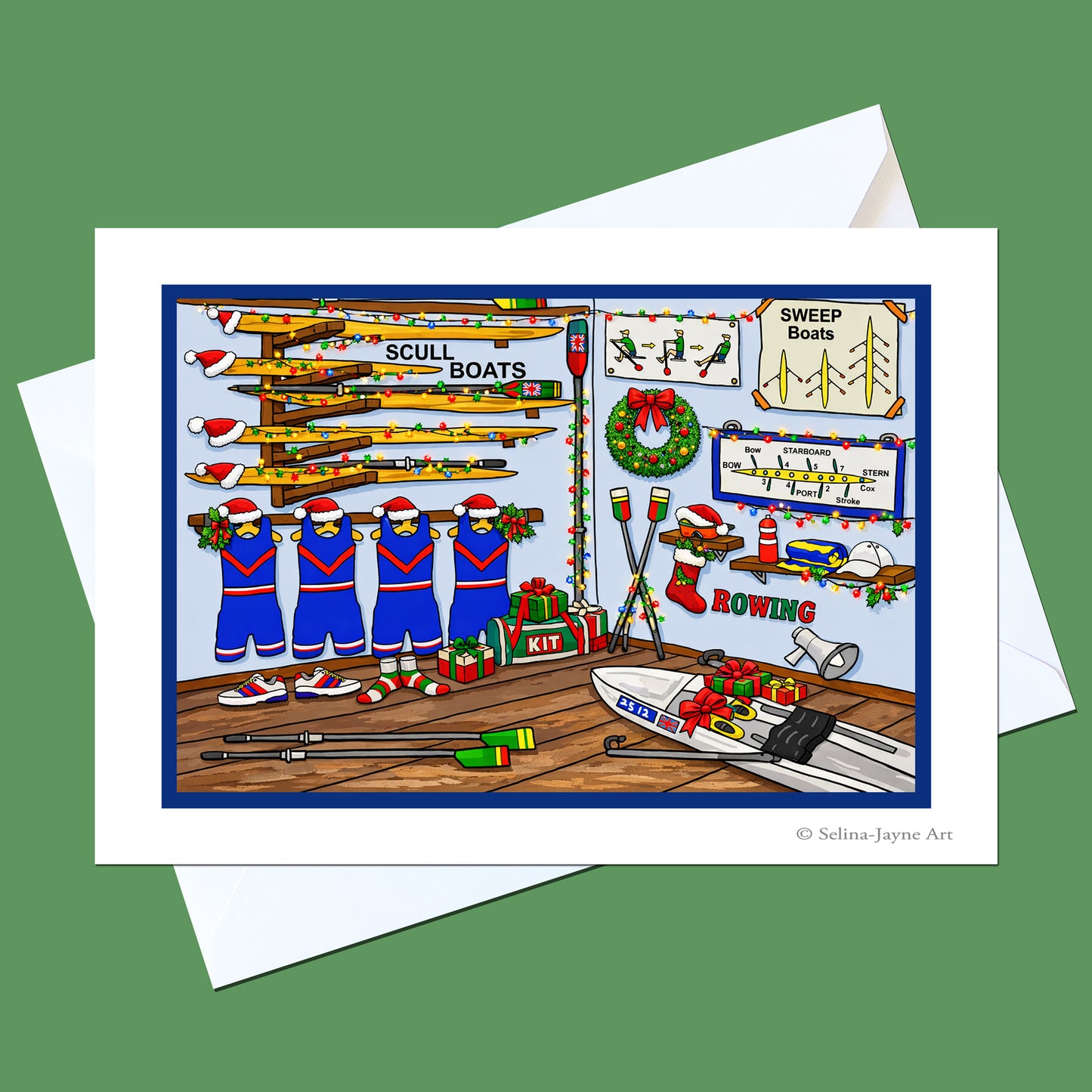 A square art print or greeting card featuring a colorful illustrated winter rowing scene with boats, uniforms, Christmas decorations, and signs, shown with white envelopes on a solid green background.