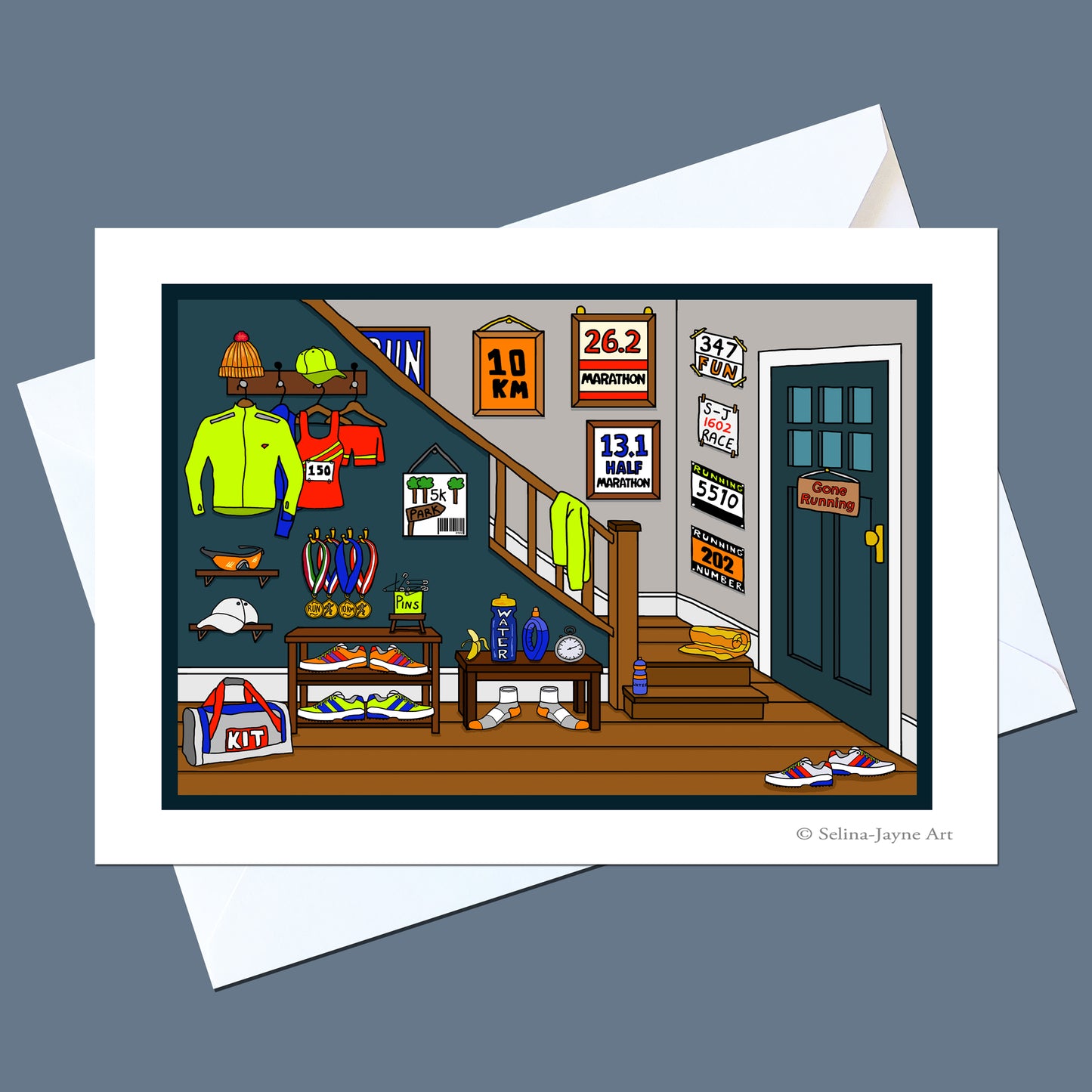 A printed art card or poster showing a colorful illustrated stairwell hallway with sports and racing-themed decor, displayed on top of white envelopes against a dark blue-gray background.