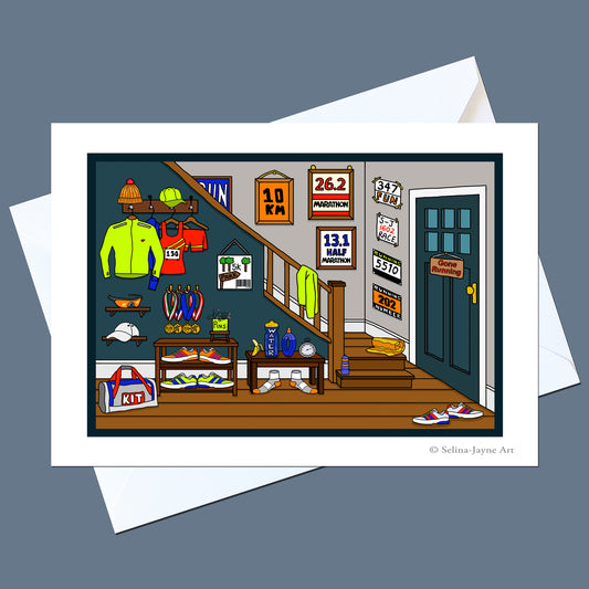 A printed art card or poster showing a colorful illustrated stairwell hallway with sports and racing-themed decor, displayed on top of white envelopes against a dark blue-gray background.
