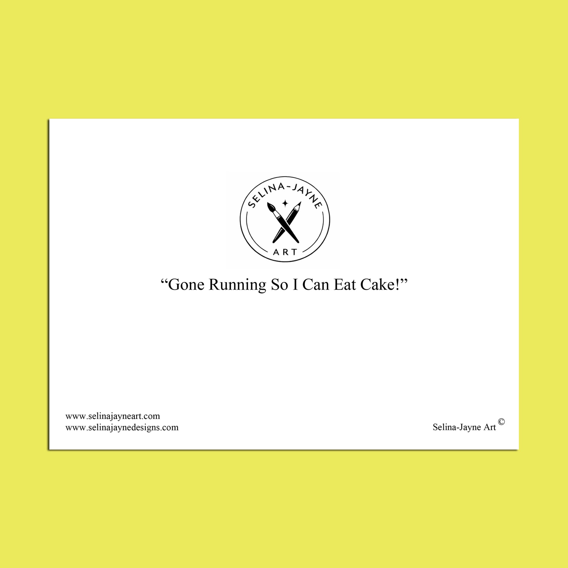 A white rectangular print or card centered on a bright yellow background, featuring the circular logo 'Selina Jayne Art' and the title 'Birthday Bash in the Woodland' with website text along the bottom.
