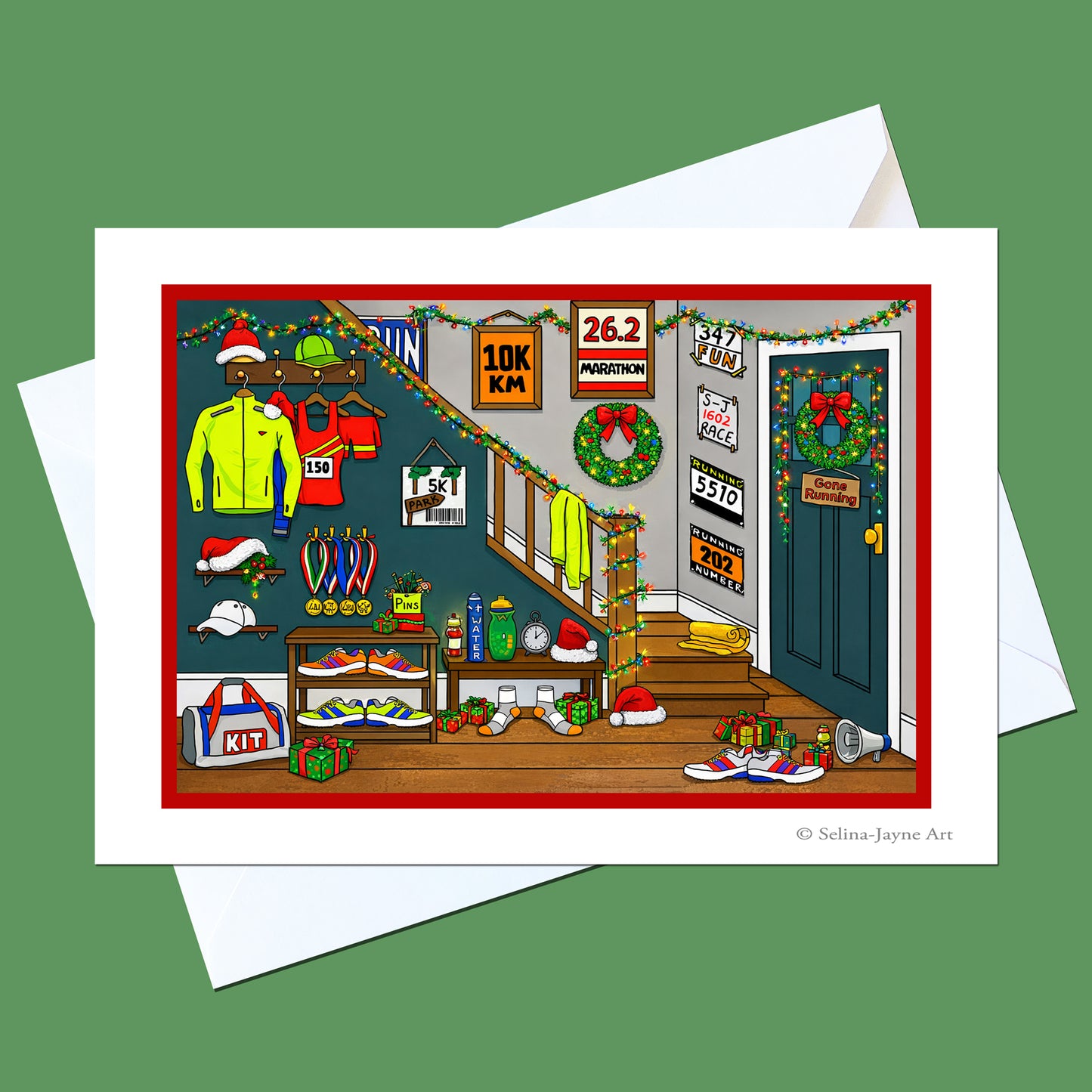 A holiday-themed illustrated art print showing a decorated stairwell with sports memorabilia, Christmas wreaths, signs, and shoes, displayed on a white envelope against a solid green background.