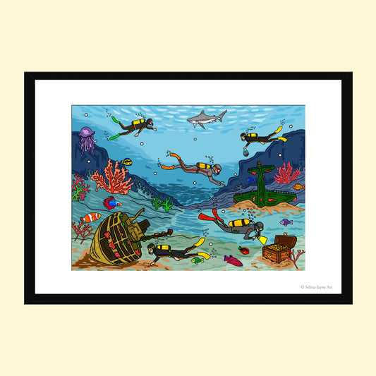 A framed art print featuring a colorful cartoon-style underwater scene with divers, a shark, coral, a sunken ship, and a treasure chest, shown against a light beige background.