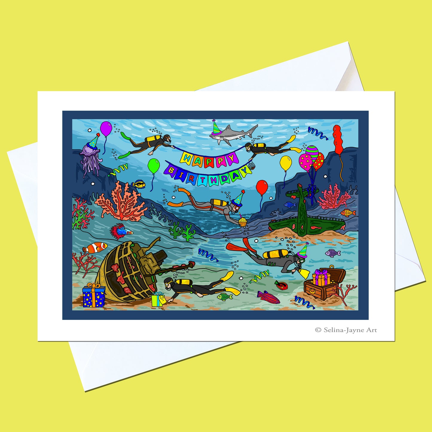 A square art print or greeting card featuring a colorful underwater birthday scene with divers, balloons, coral, a treasure chest, and a banner reading 'Hawaiian Birthday,' shown with white envelopes on a pale yellow background.