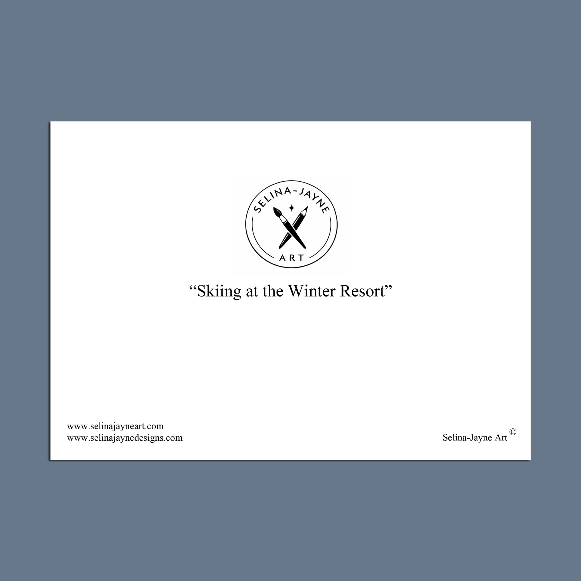 A minimalist art print featuring the text 'Skiing at the Winter Resort' in black serif font, centered on a white rectangular card. The card is centered on a slate blue-gray background.