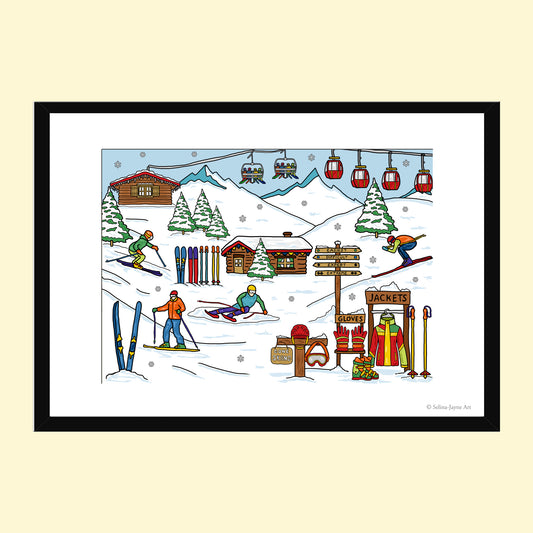 Skiing Limited Edition Framed Fine Art Print by Selina-Jayne in Black Frame - Skiing at the Winter Resort Giclée Wall Art