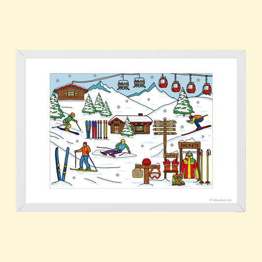 Skiing Limited Edition Framed Fine Art Print by Selina-Jayne in White Frame - Skiing at the Winter Resort Giclée Wall Art