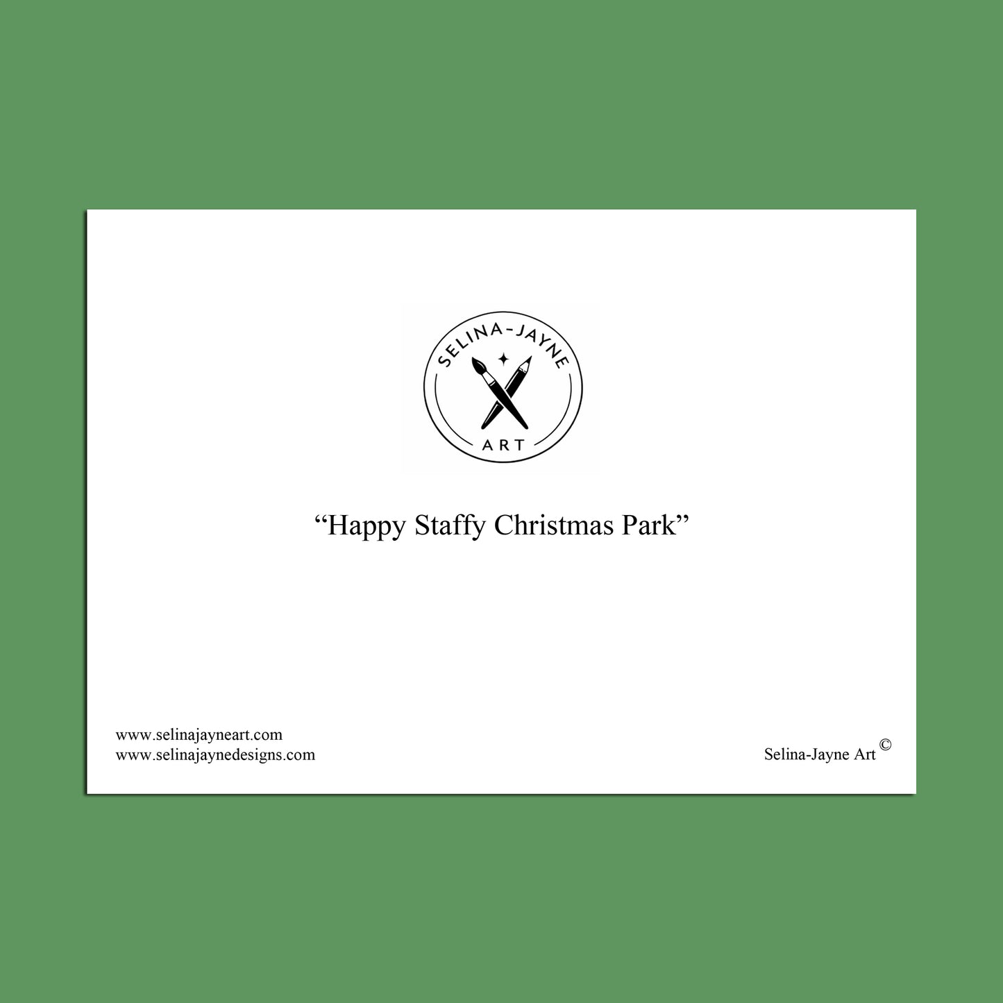 A white rectangular print or card centered on a solid green background, featuring the circular Selina Jayne Art logo and the text “Running Home for Christmas” with website text along the bottom.