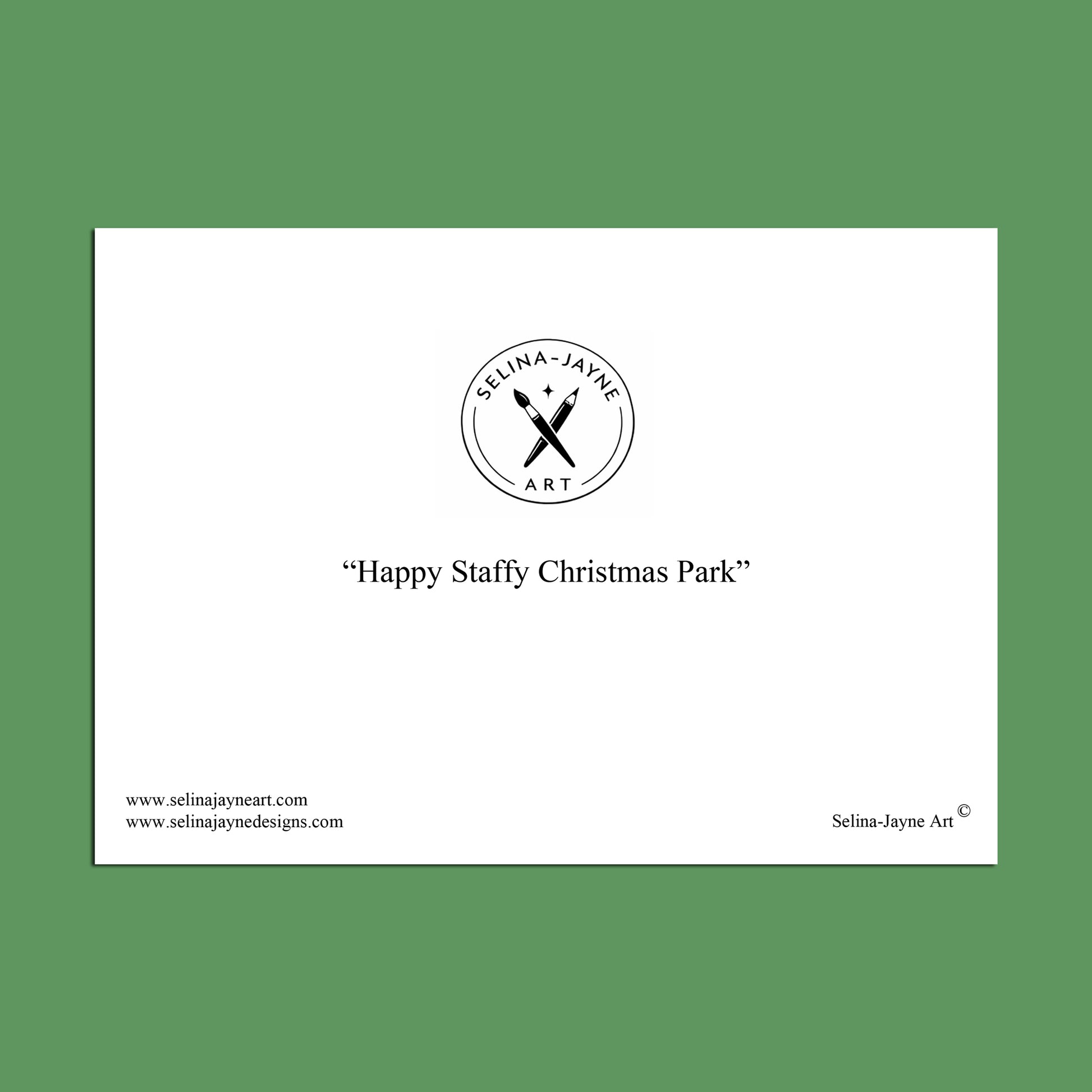A white rectangular print or card centered on a solid green background, featuring the circular Selina Jayne Art logo and the text “Running Home for Christmas” with website text along the bottom.
