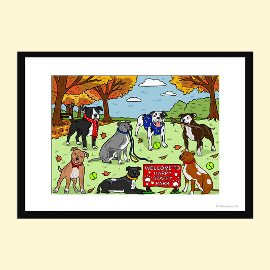 Staffy Dog Limited Edition Framed Fine Art Print by Selina-Jayne in Black Frame - Happy Staffy Dog Park Giclée Wall Art