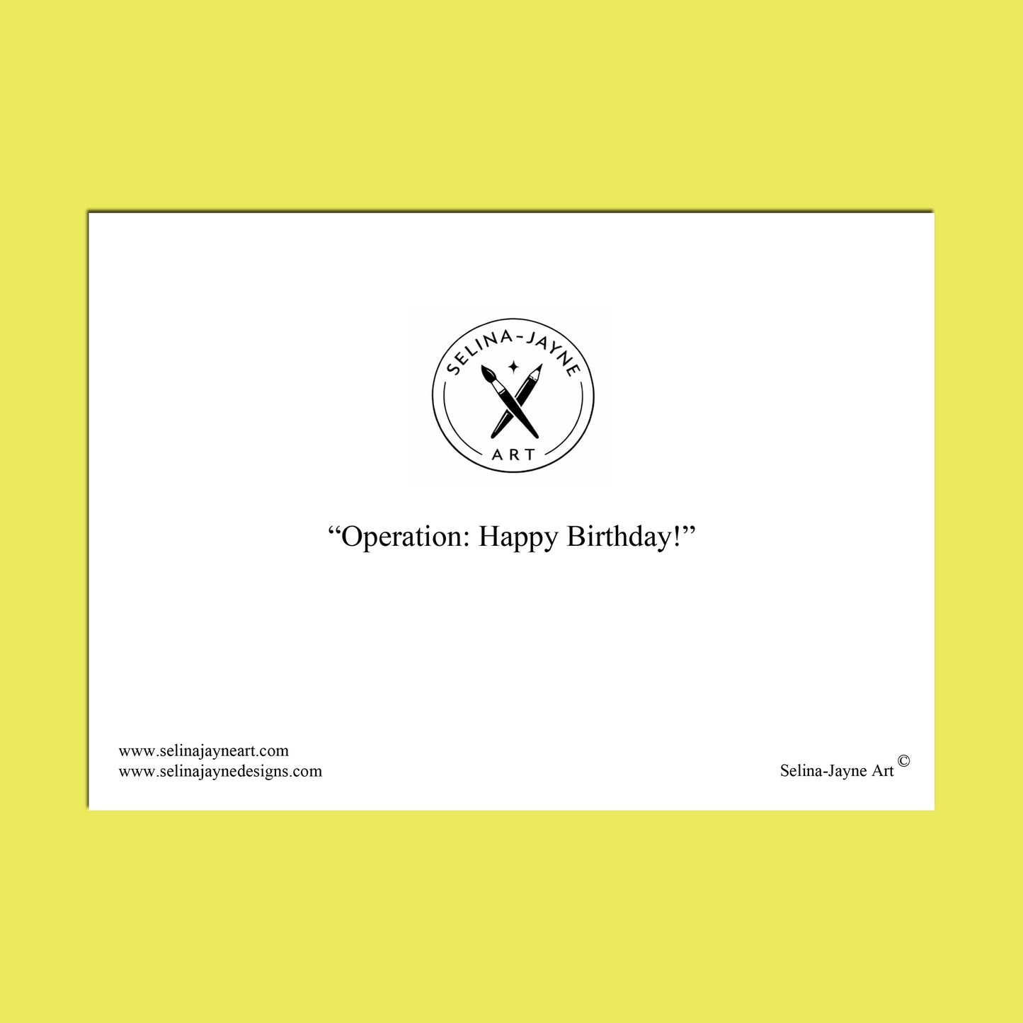 A minimalist art print or design card featuring a white rectangular center with black text and logo on a bright yellow background. The central logo reads 'Selina Jayne Art' with crossed tools inside a circle, and the text below says 'Basset Hound Birthday Bash'.