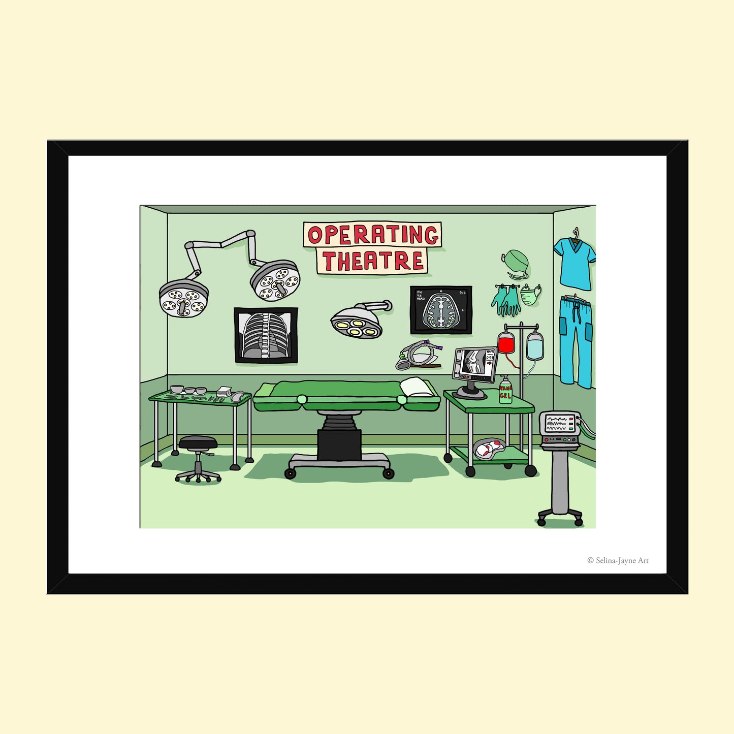A framed cartoon illustration of an operating theatre room with medical equipment, a green examination table, X-ray images, and a sign reading 'OPERATING THEATRE', shown on a light beige background.