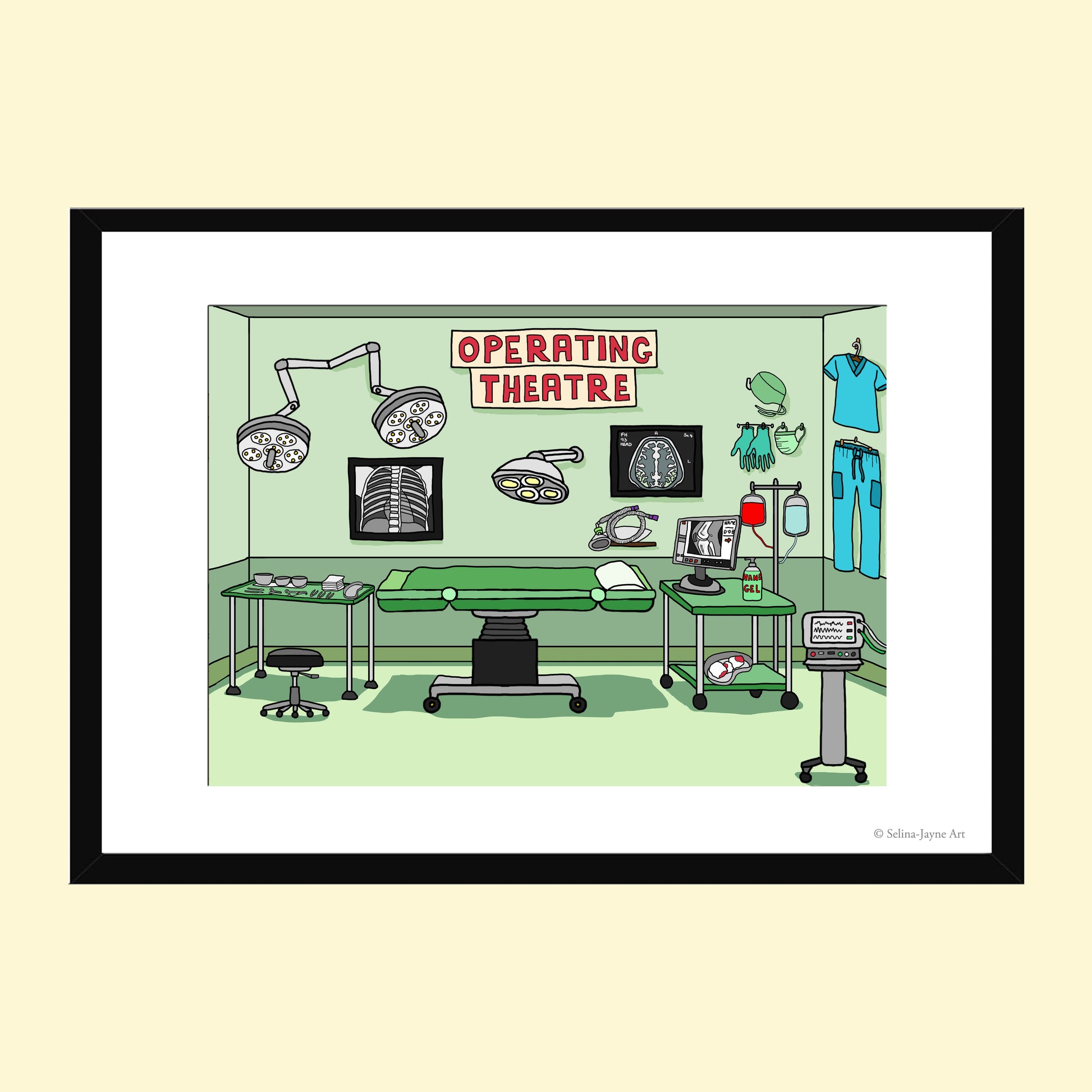 A framed cartoon illustration of an operating theatre room with medical equipment, a green examination table, X-ray images, and a sign reading 'OPERATING THEATRE', shown on a light beige background.