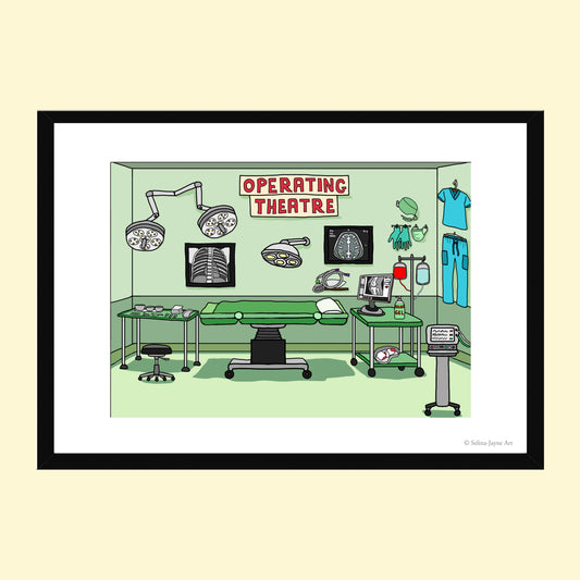A framed cartoon illustration of an operating theatre room with medical equipment, a green examination table, X-ray images, and a sign reading 'OPERATING THEATRE', shown on a light beige background.